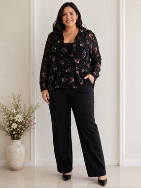 Reitmans Semi-Sheer Black Floral Blouse | Flowy Plus Size Collared Top